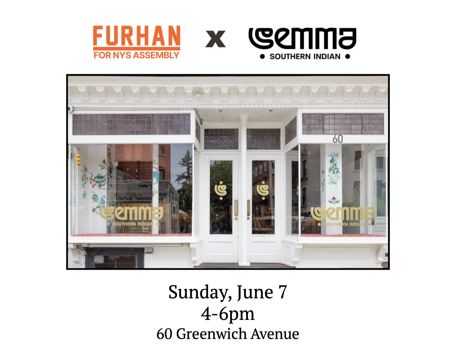 Semma storefront and event details: Sunday, June 7, 4 to 6pm, 60 Greenwich Avenue
